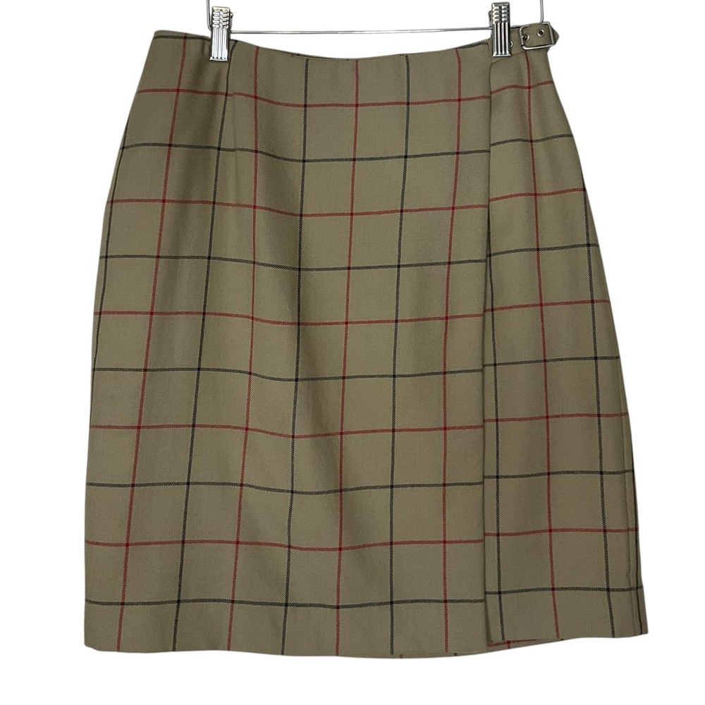 vtg LIZ CLAIBORNE sz 8 100% Wool Plaid Skirt Lined Wrap Tan Red Black